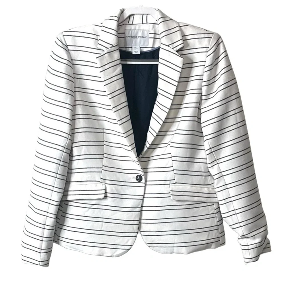 Katherine Barclay‎ Nautical Striped Anchor Button Blazer White Navy Womens Large